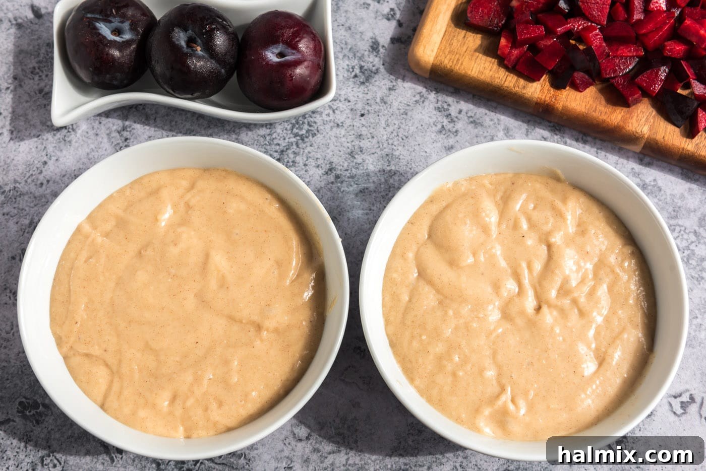 Golden Sugar Plum Muffins 12 Plum muffin batter divided evenly into two separate bowls.