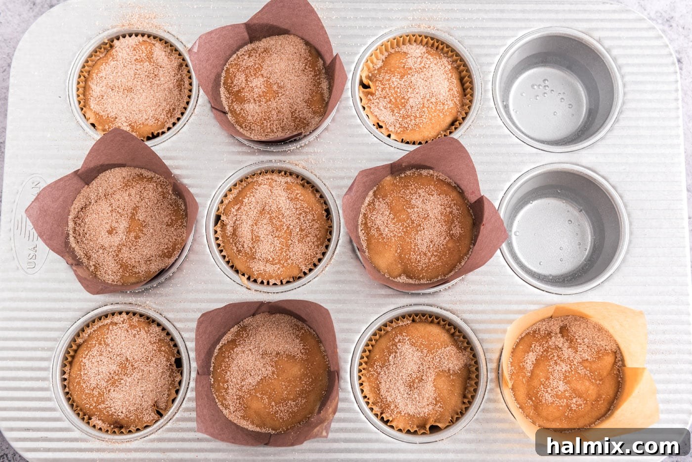 Golden Sugar Plum Muffins 16 Plum muffin batter in a muffin pan, generously topped with a cinnamon sugar mixture before baking.