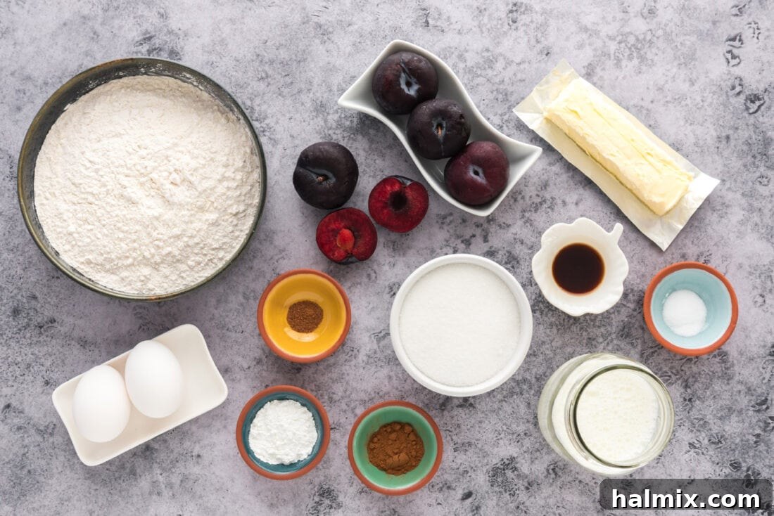 Golden Sugar Plum Muffins 4 All ingredients for Sugar Crusted Plum Muffins laid out on a kitchen counter, including fresh plums, flour, sugar, butter, eggs, and spices.