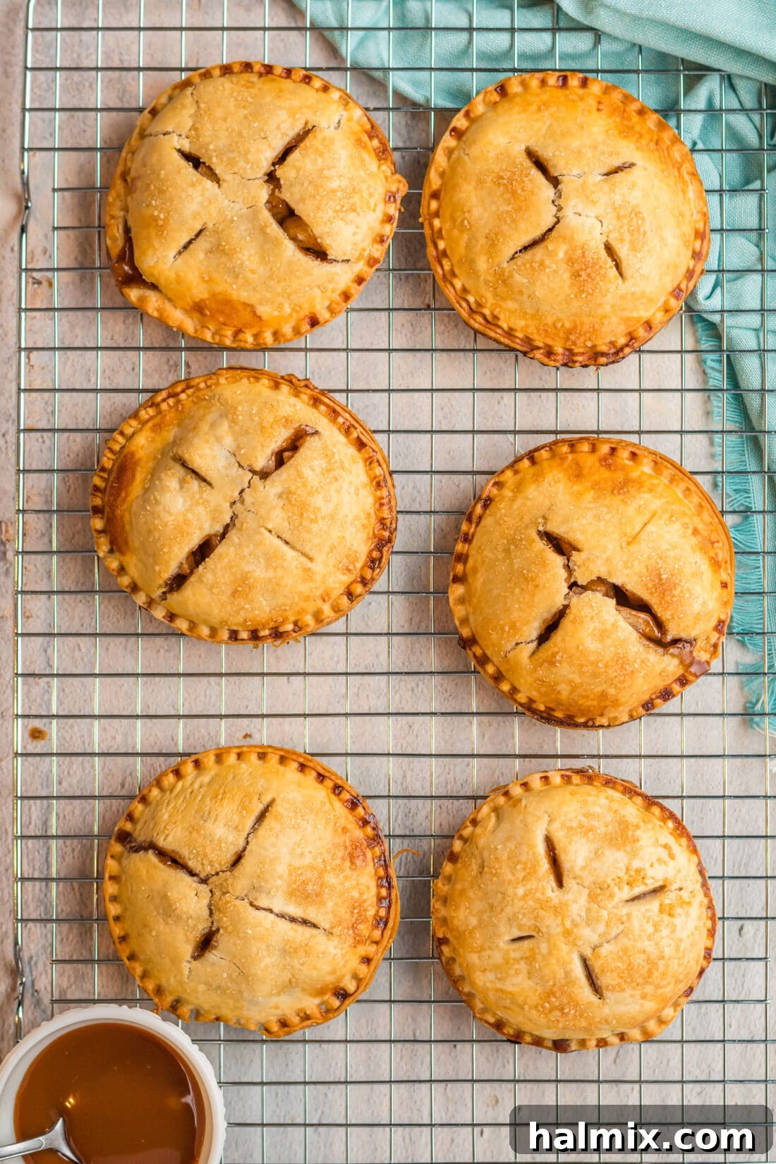 Golden brown apple hand pies resting on a wire rack, freshly baked and ready to be served, highlighting their flaky crust and golden exterior.