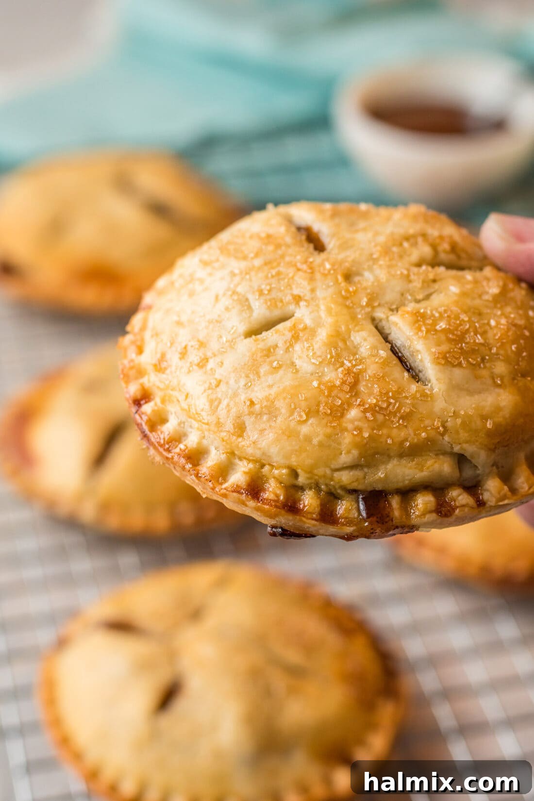 A hand holding a beautifully baked apple hand pie, showcasing its golden crust and inviting texture.