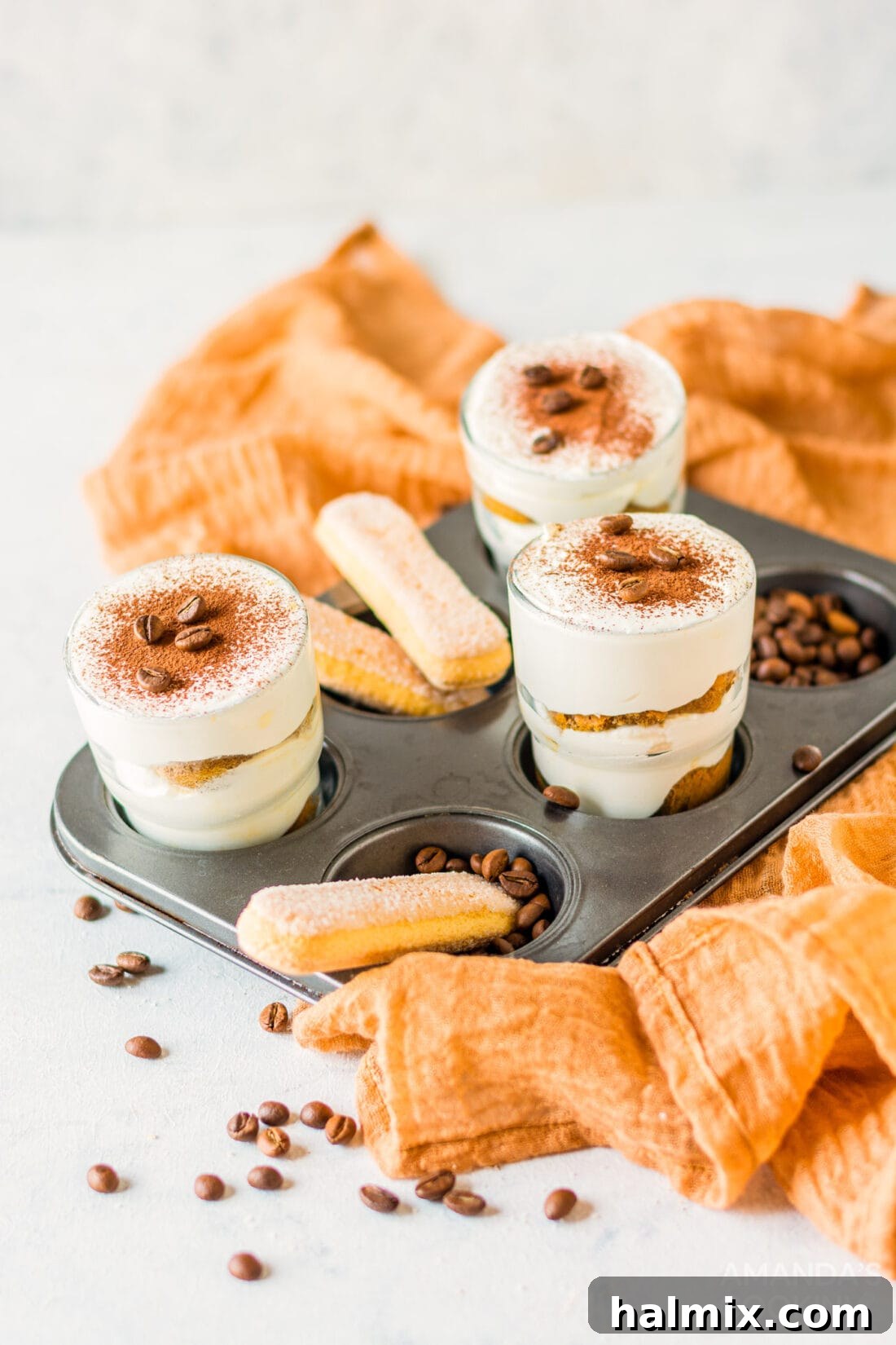 Personal Tiramisu Indulgence 3 Individual Tiramisu sitting in a muffin tin, ready to be chilled.