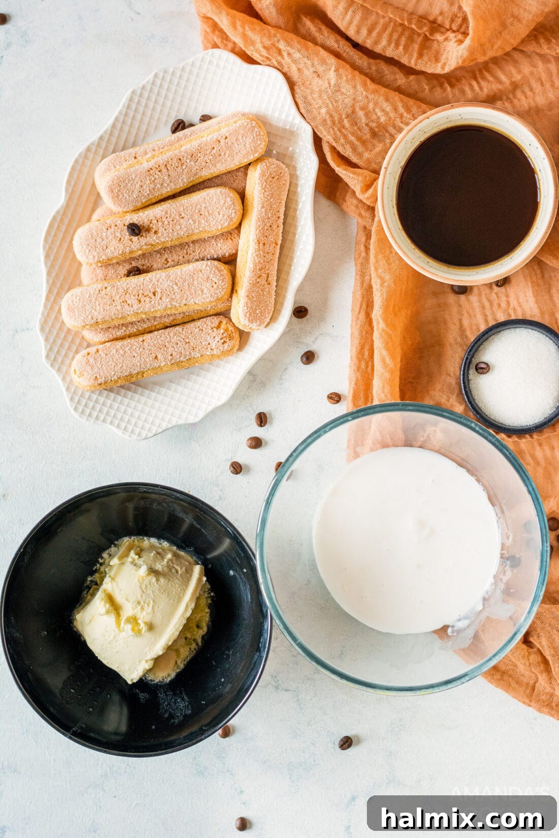 Personal Tiramisu Indulgence 4 Ingredients for making Individual Tiramisu laid out on a kitchen counter.