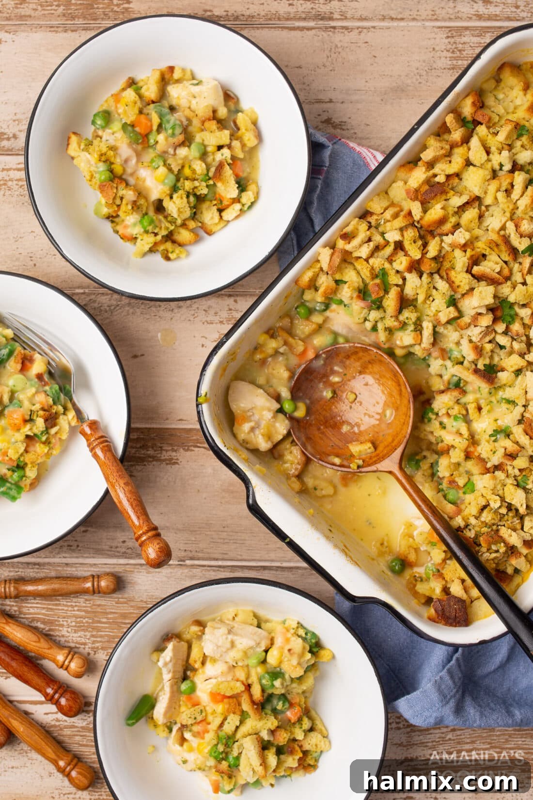 Comforting Chicken Stuffing Bake 3 pan of Chicken Stuffing Casserole and serving dishes