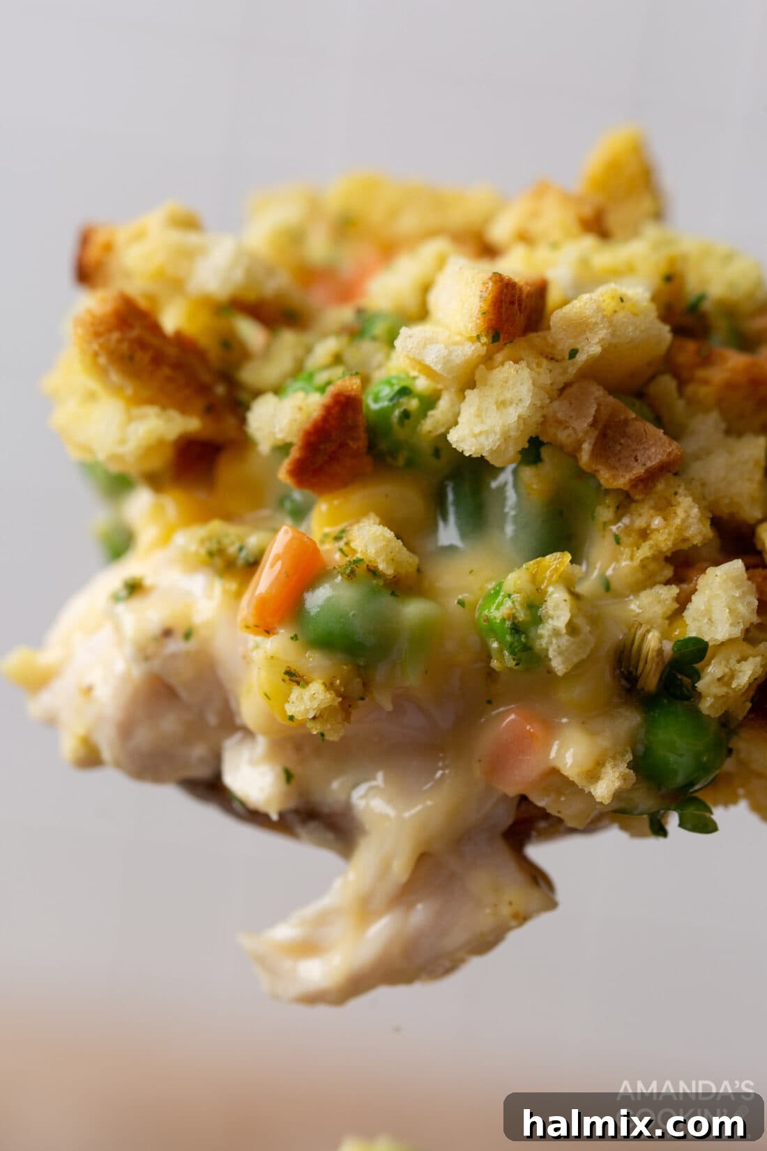 Comforting Chicken Stuffing Bake 7 serving spoon of Chicken Stuffing Casserole