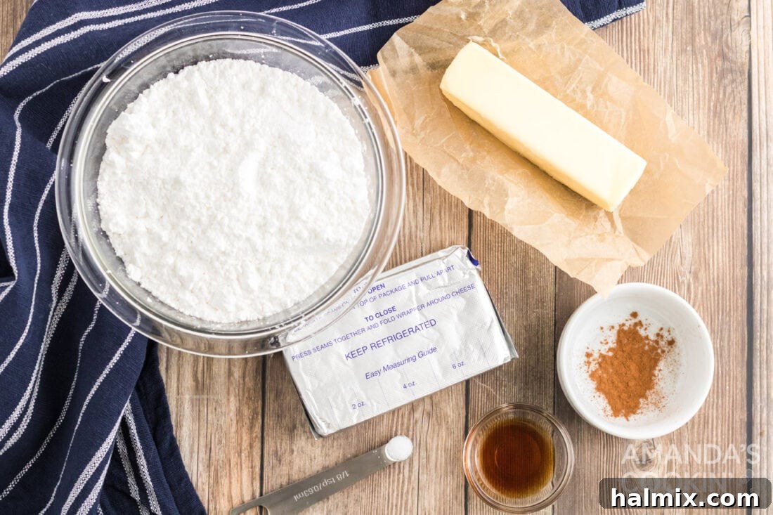Delicious Pumpkin Cake Mix Treats 5 Ingredients for homemade cream cheese frosting, including cream cheese, butter, powdered sugar, and vanilla extract.