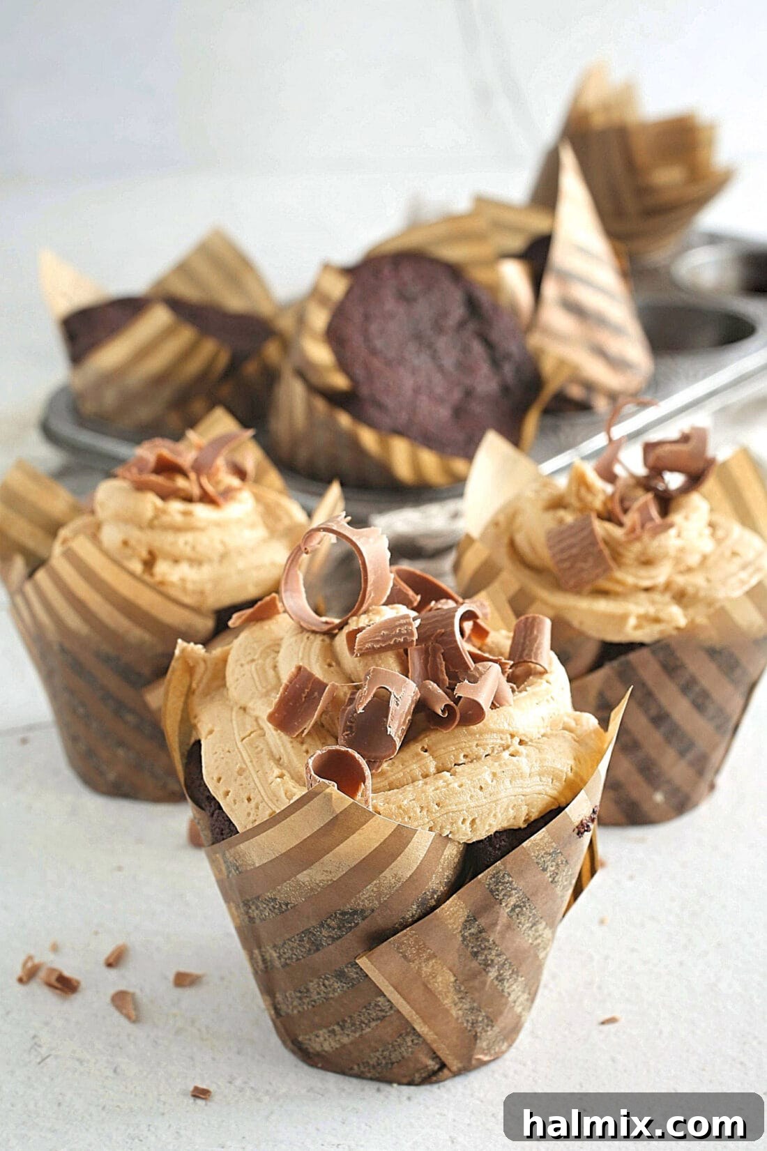 Single Chocolate Peanut Butter Cupcake in a decorative paper wrapper