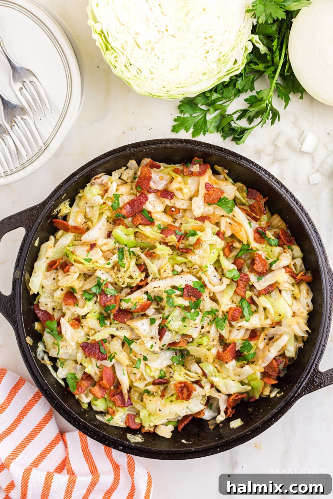 overhead view of Fried Cabbage in pan