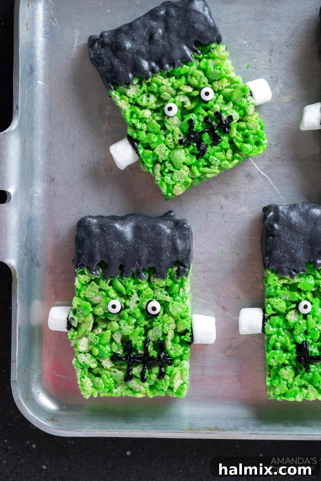 Frankenstein's Krispie Creations 2 Frankenstein Rice Krispie Treats on a pan