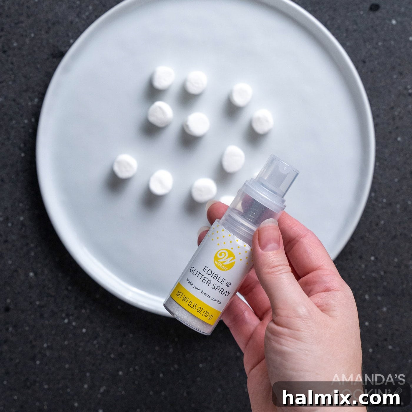 Frankenstein's Krispie Creations 11 Glitter spray over mini marshmallows