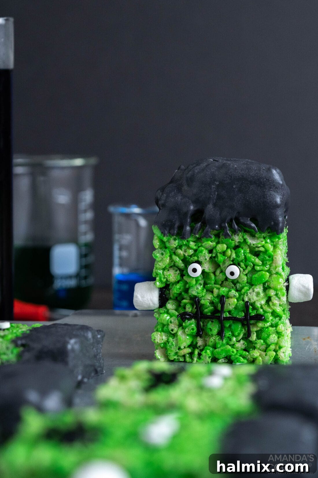 Frankenstein's Krispie Creations 16 Frankenstein Rice Krispie Treat standing up