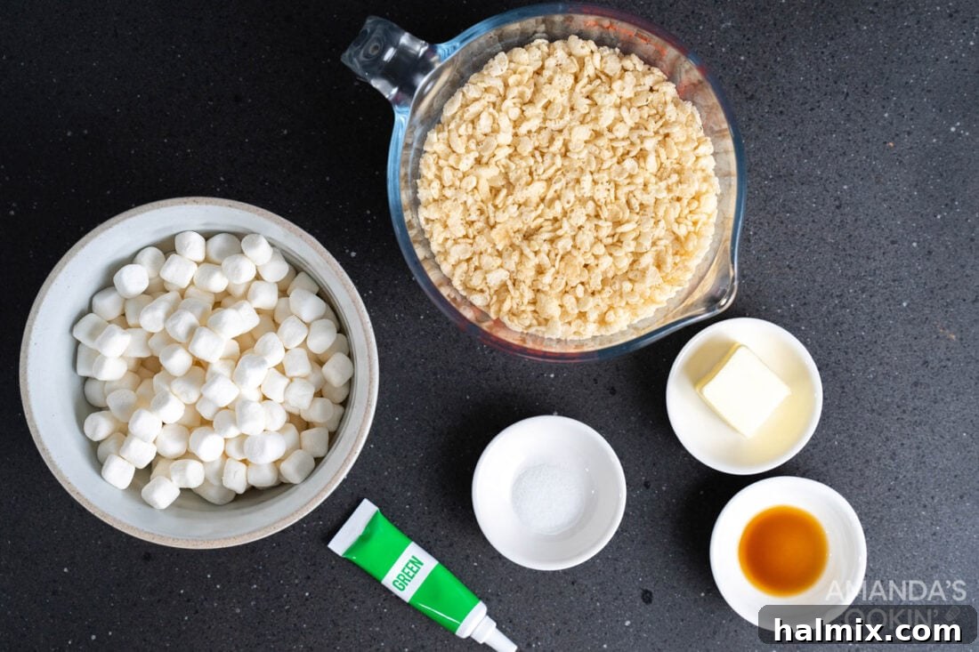 Frankenstein's Krispie Creations 4 Ingredients laid out for making Frankenstein Rice Krispie Treats