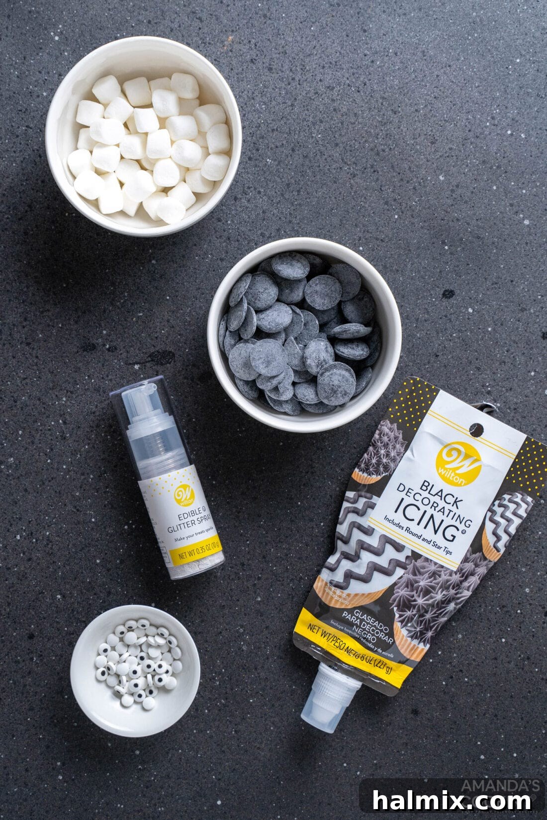 Frankenstein's Krispie Creations 5 Ingredients for frosting and decorating Frankenstein Rice Krispie Treats