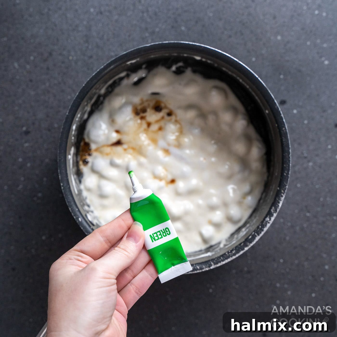 Frankenstein's Krispie Creations 6 Melted marshmallows in a saucepan