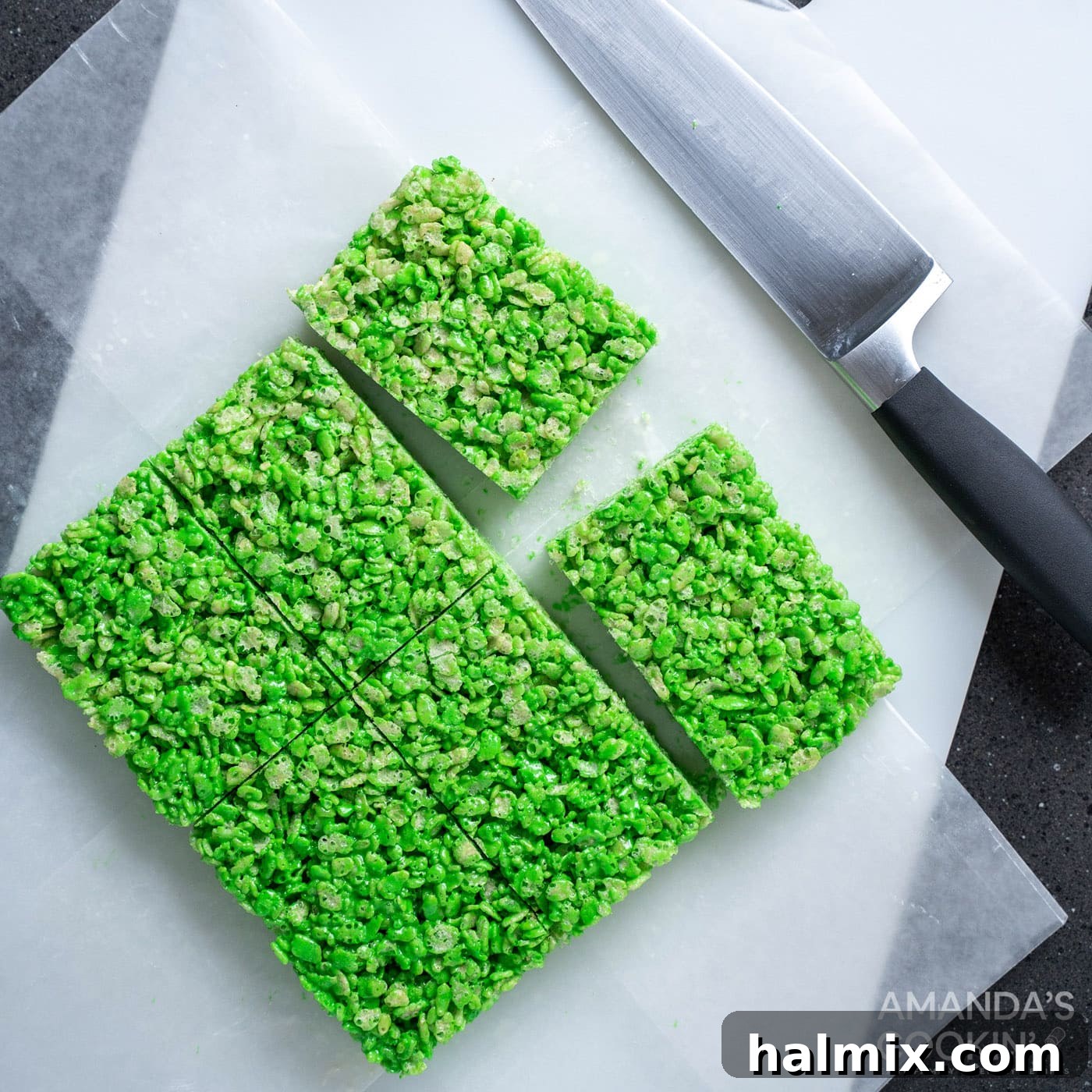 Frankenstein's Krispie Creations 10 Sliced green rice krispie treats