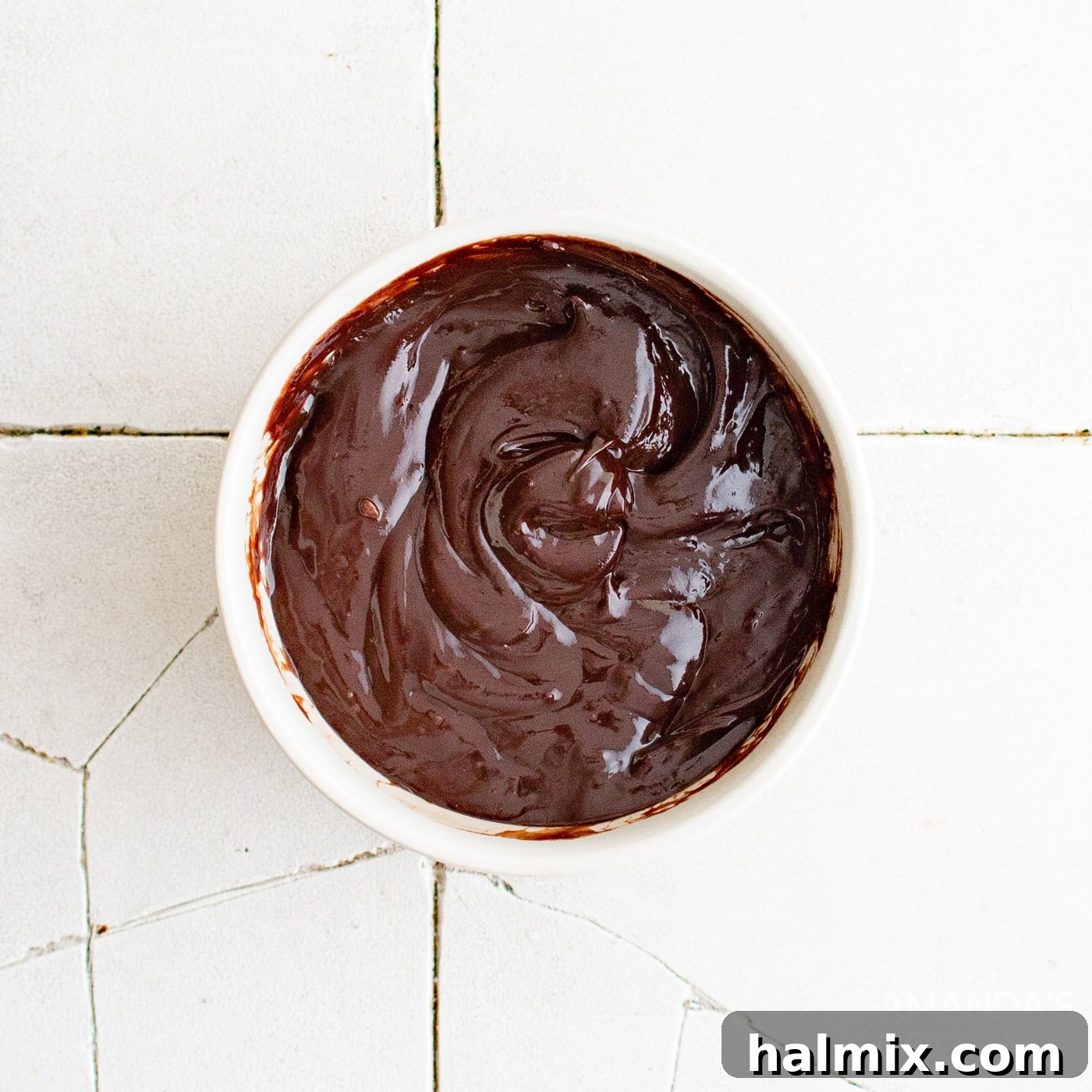 chocolate ganache in a bowl, after melting and stirring.