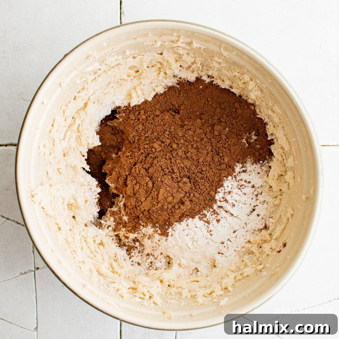 cocoa powder being stirred into a bowl of cookie dough.