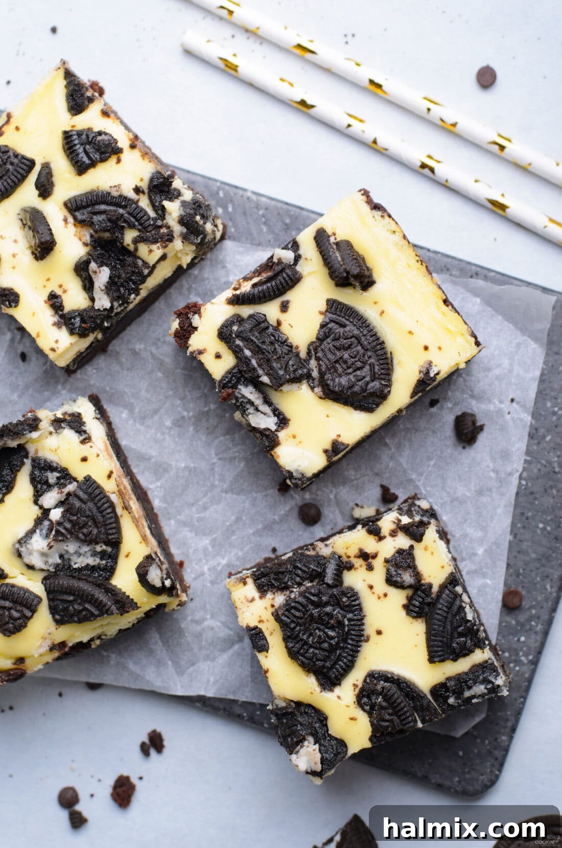 Overhead view of perfectly cut Oreo Cheesecake Brownies