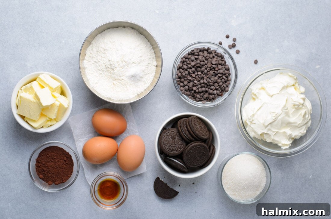 Ingredients for Oreo Cheesecake Brownies laid out on a counter