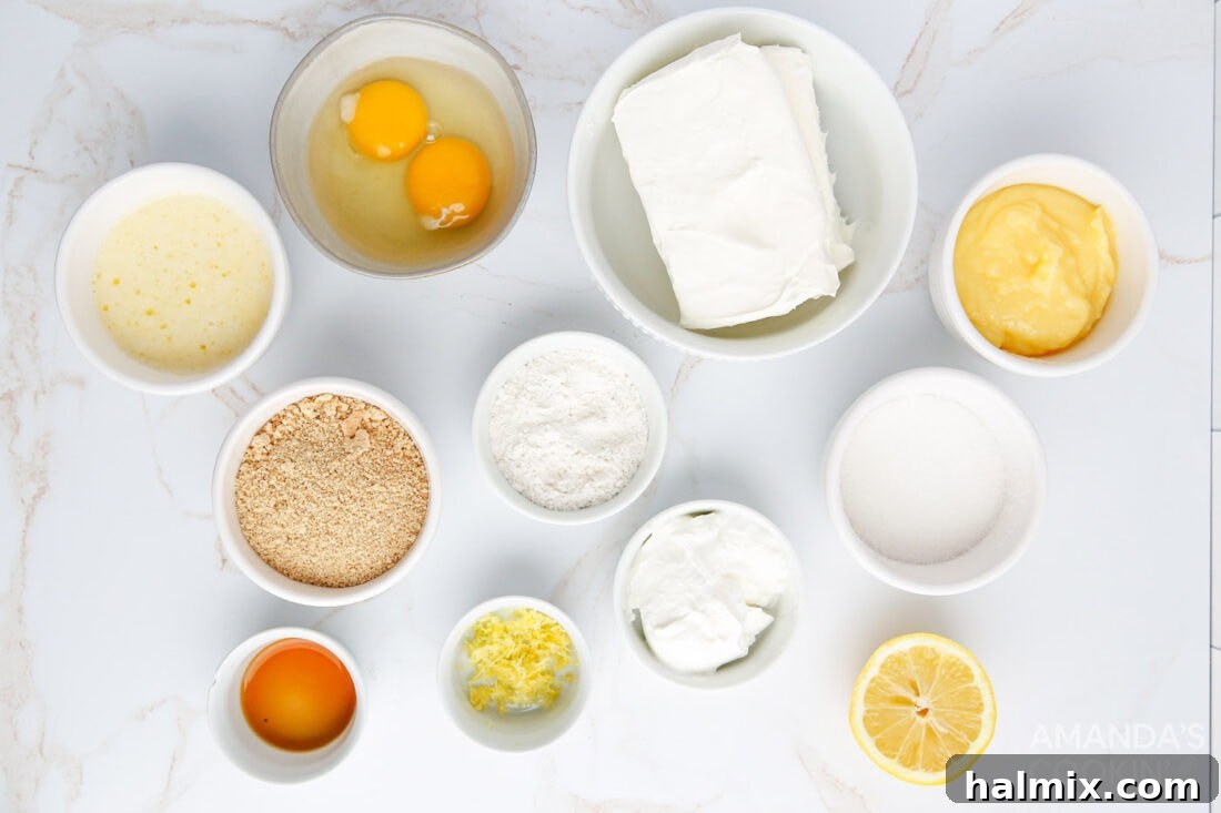A flat lay photograph displaying all the ingredients required for Instant Pot Lemon Curd Cheesecake, neatly arranged and ready for preparation.