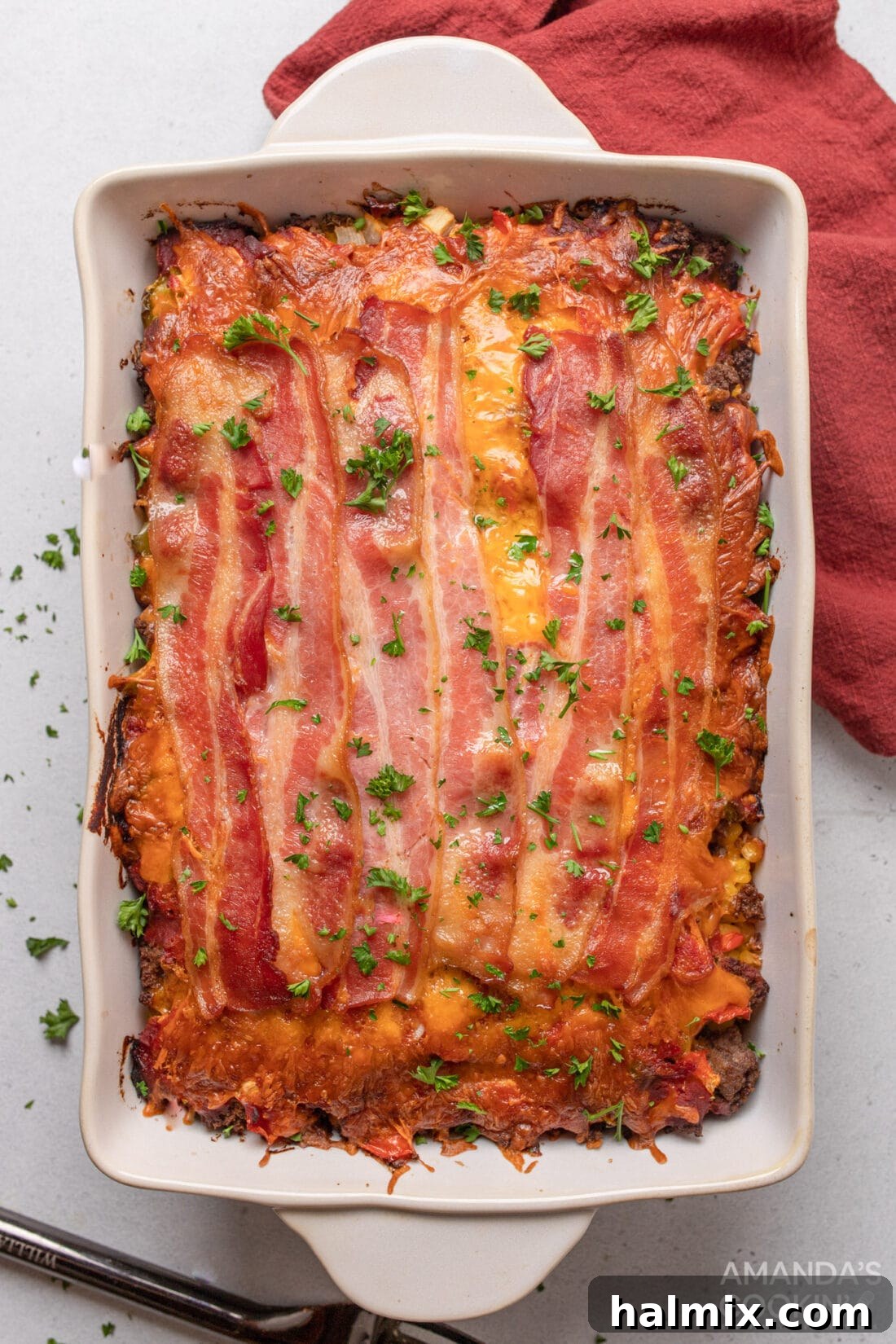 Hearty pan of 7 Layer Casserole, ready to serve