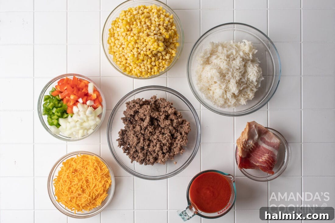 All ingredients for 7 Layer Casserole laid out on a kitchen counter