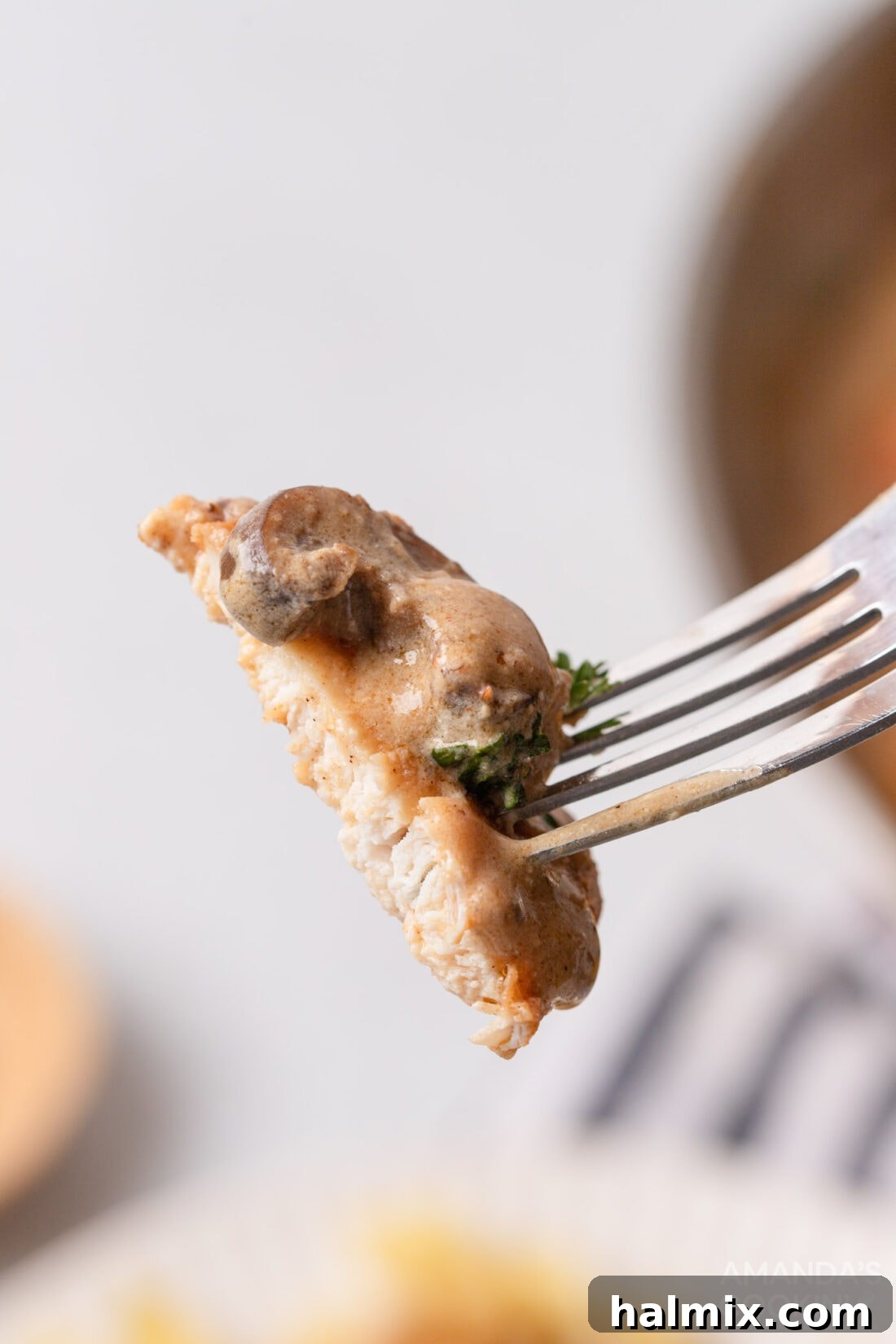 fork of Chicken Stroganoff, showing a piece of chicken, noodles, and mushrooms