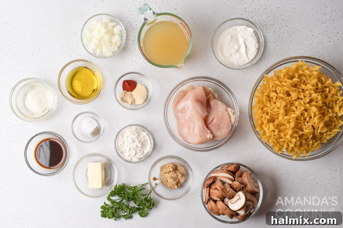 ingredients for Chicken Stroganoff laid out on a table