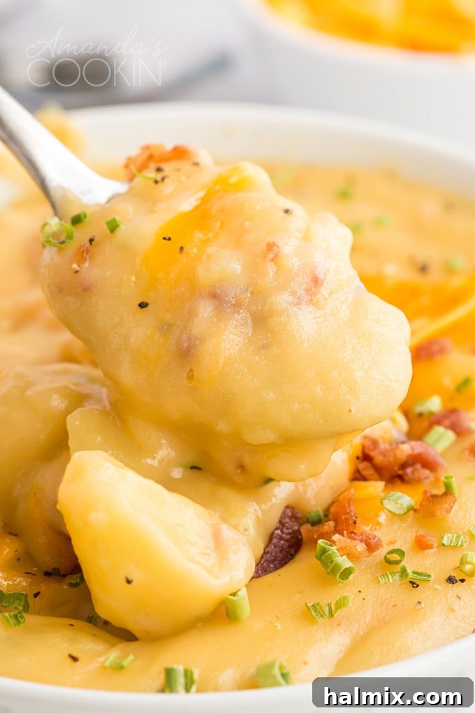 Pure comfort food, this creamy potato cheese soup is topped with crumbled bacon and chives. Made with extra sharp cheddar cheese for the best flavor. chunky spoonful of potato soup