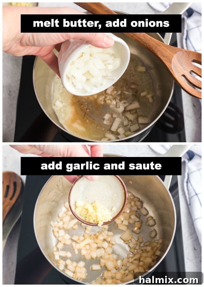 Creamy Golden Cheddar Potato Soup 3 sauteeing onion and garlic