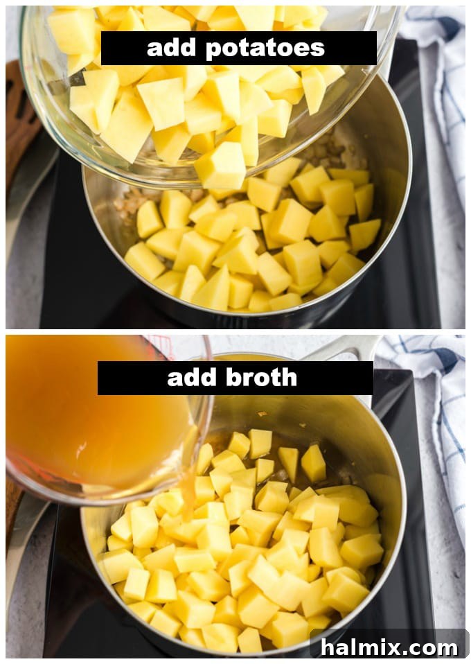 Creamy Golden Cheddar Potato Soup 4 adding potatoes and broth