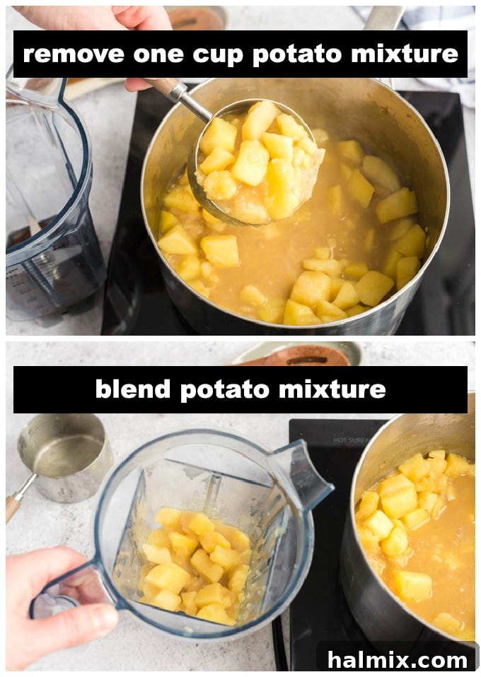 Creamy Golden Cheddar Potato Soup 5 removing some soup from the pan