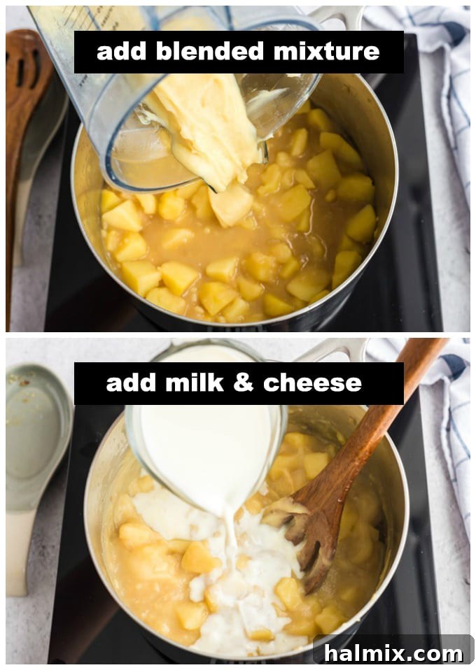 Creamy Golden Cheddar Potato Soup 6 adding blended potato mixture back to pan