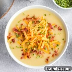 Creamy Golden Cheddar Potato Soup 7 bowl of potato cheese soup garnished with bacon