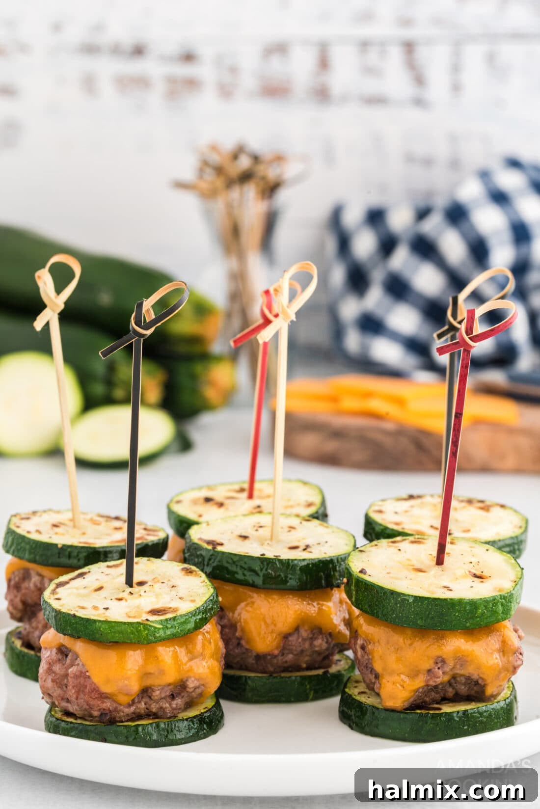 Zucchini Stackers 2 Delicious Zucchini Sliders with toothpicks, ready to serve