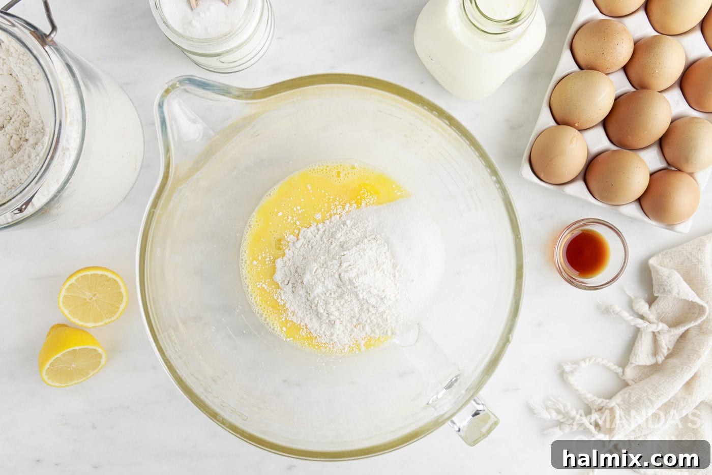 sugar, flour, and egg in a mixing bowl