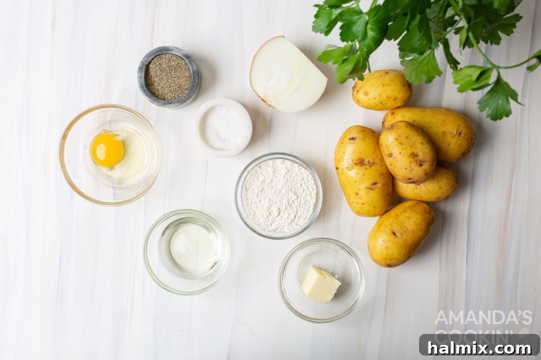 A collection of ingredients laid out for making potato pancakes: potatoes, onion, egg, flour, salt, pepper, oil, and butter.