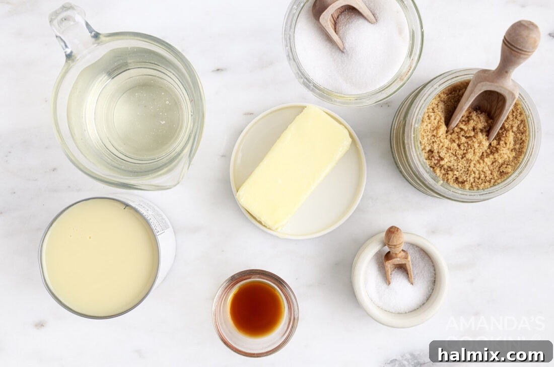A collection of ingredients laid out for making microwave caramels, including butter, sugars, and condensed milk.