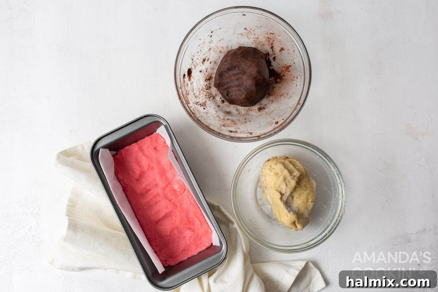 pink cookie dough in a loaf pan