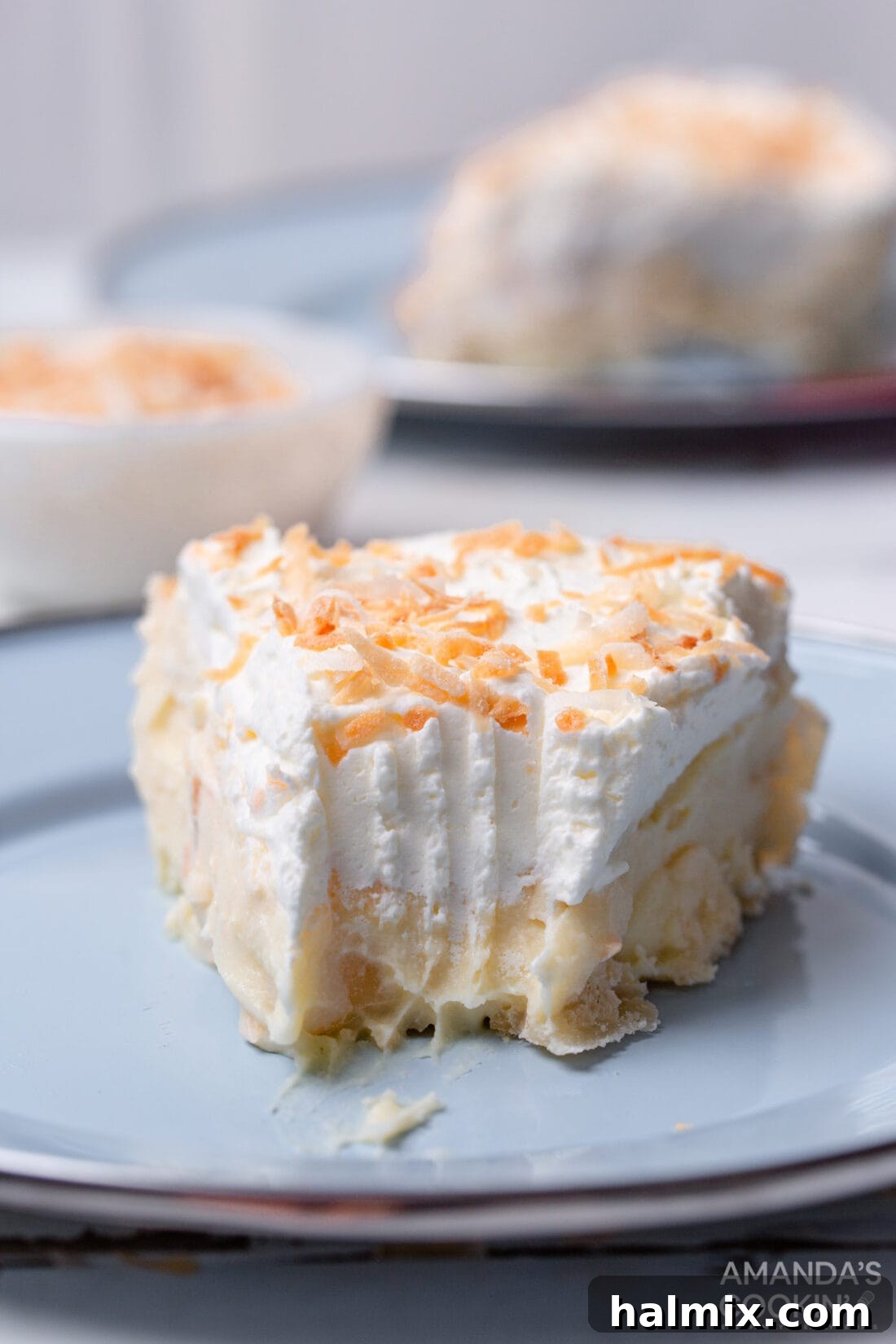 Coconut Cream Pie with a bite out of it