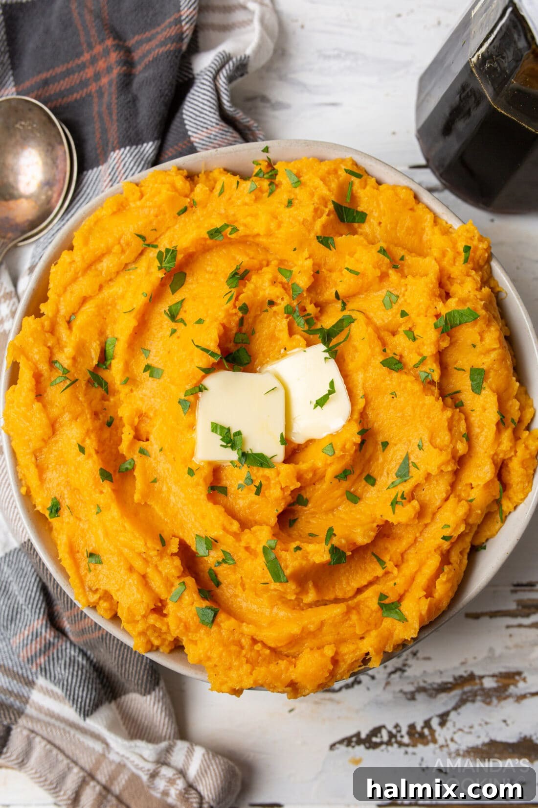 overhead view of a bowl of Mashed Sweet Potatoes
