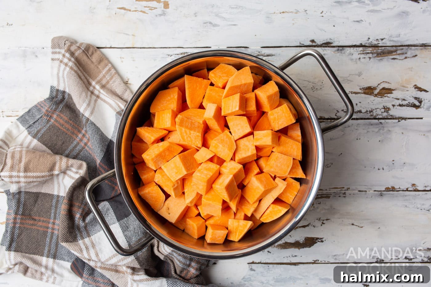cubed sweet potatoes in a pot