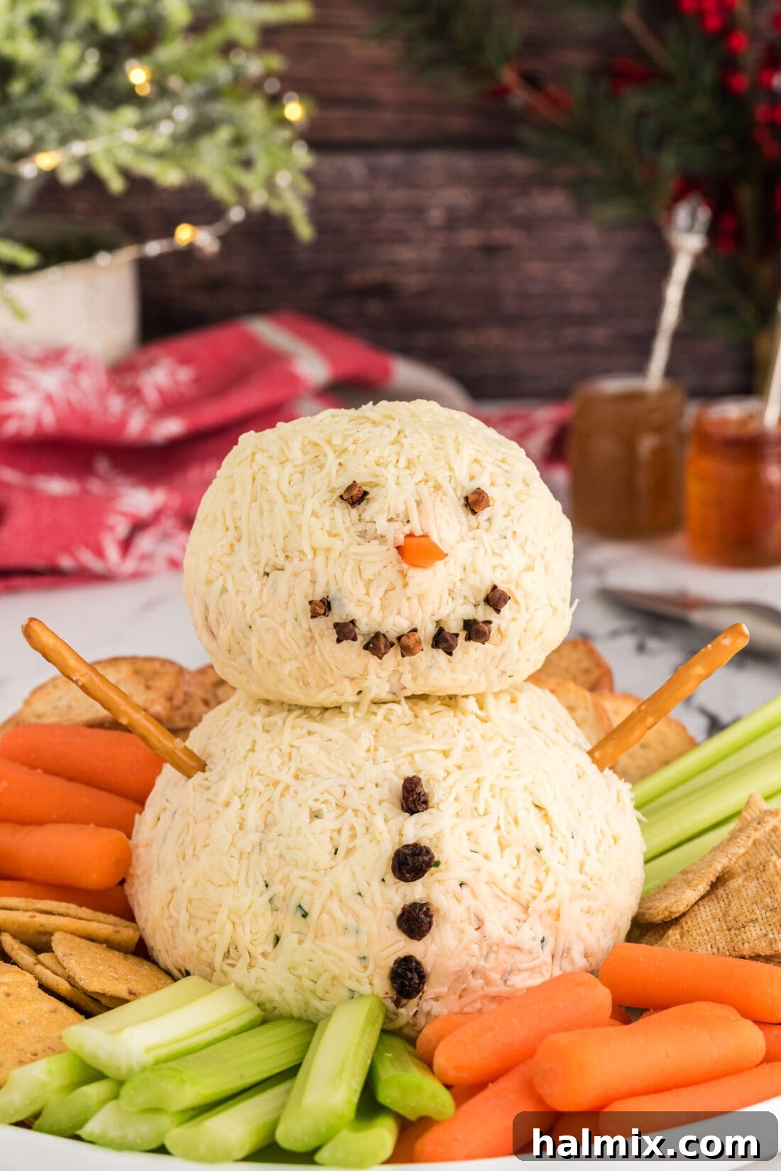 Festive Snowman Cheeseball 2 Snowman Cheeseball with veggies