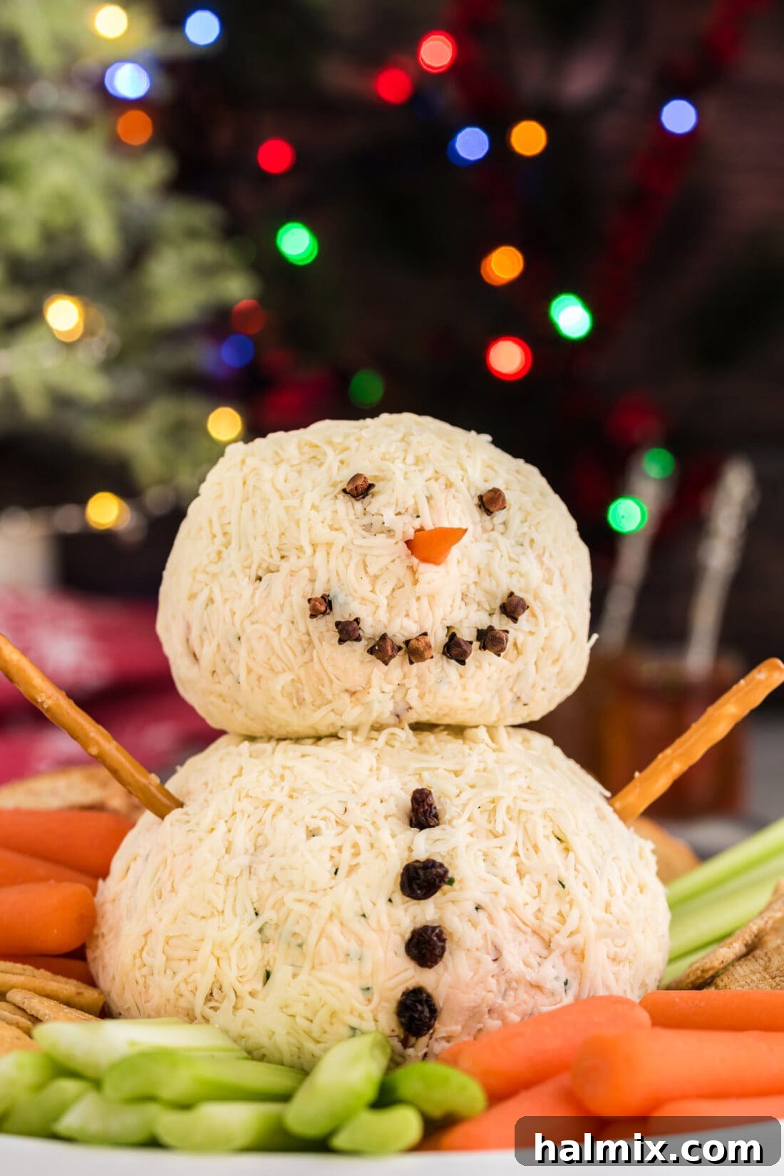 Festive Snowman Cheeseball 13 Snowman Cheeseball in Christmas setting