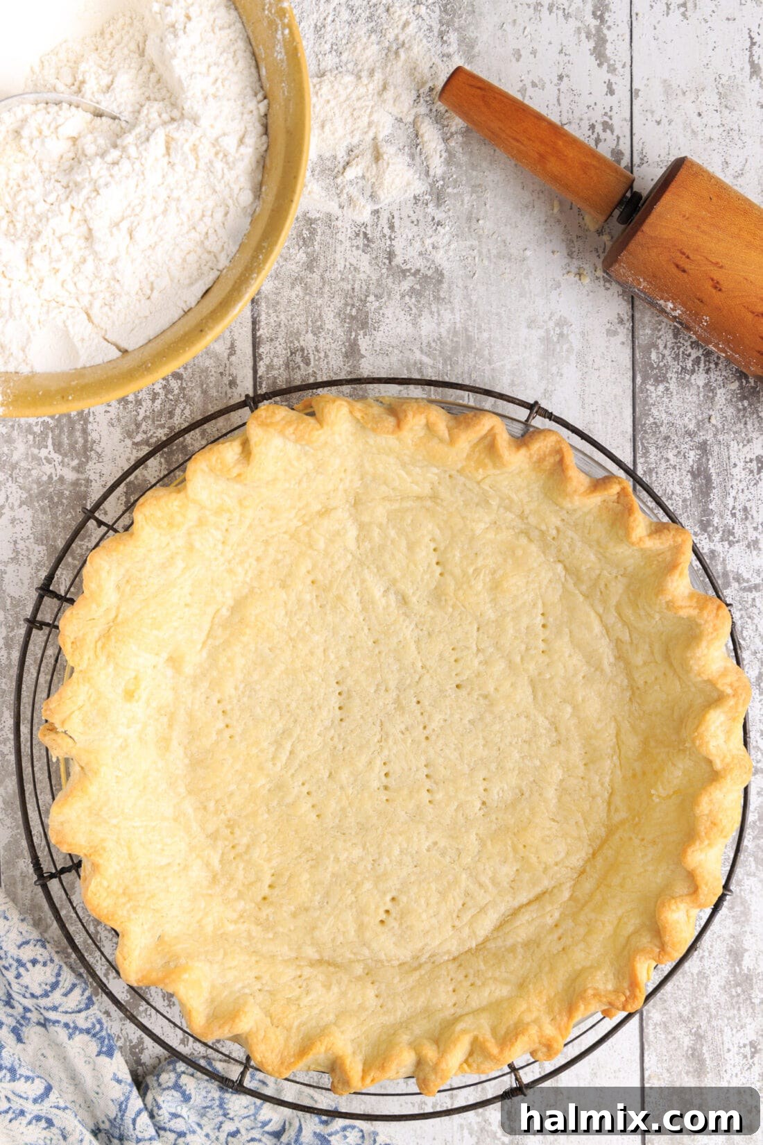 A perfectly baked, golden brown pie crust with a fluted edge