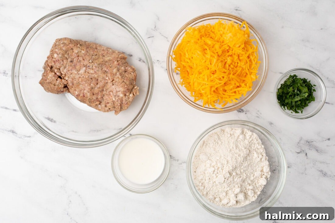 Savory Sausage Bites 4 A simple array of four ingredients: ground sausage, shredded cheddar cheese, Bisquick mix, and milk, ready for making sausage balls.