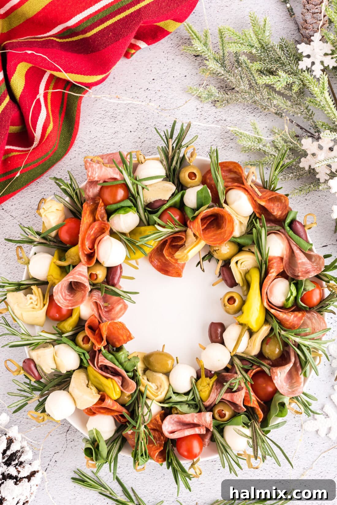 Antipasto Wreath on a plate, ready to be served