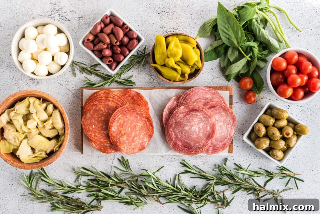 Selection of ingredients laid out for an Antipasto Wreath