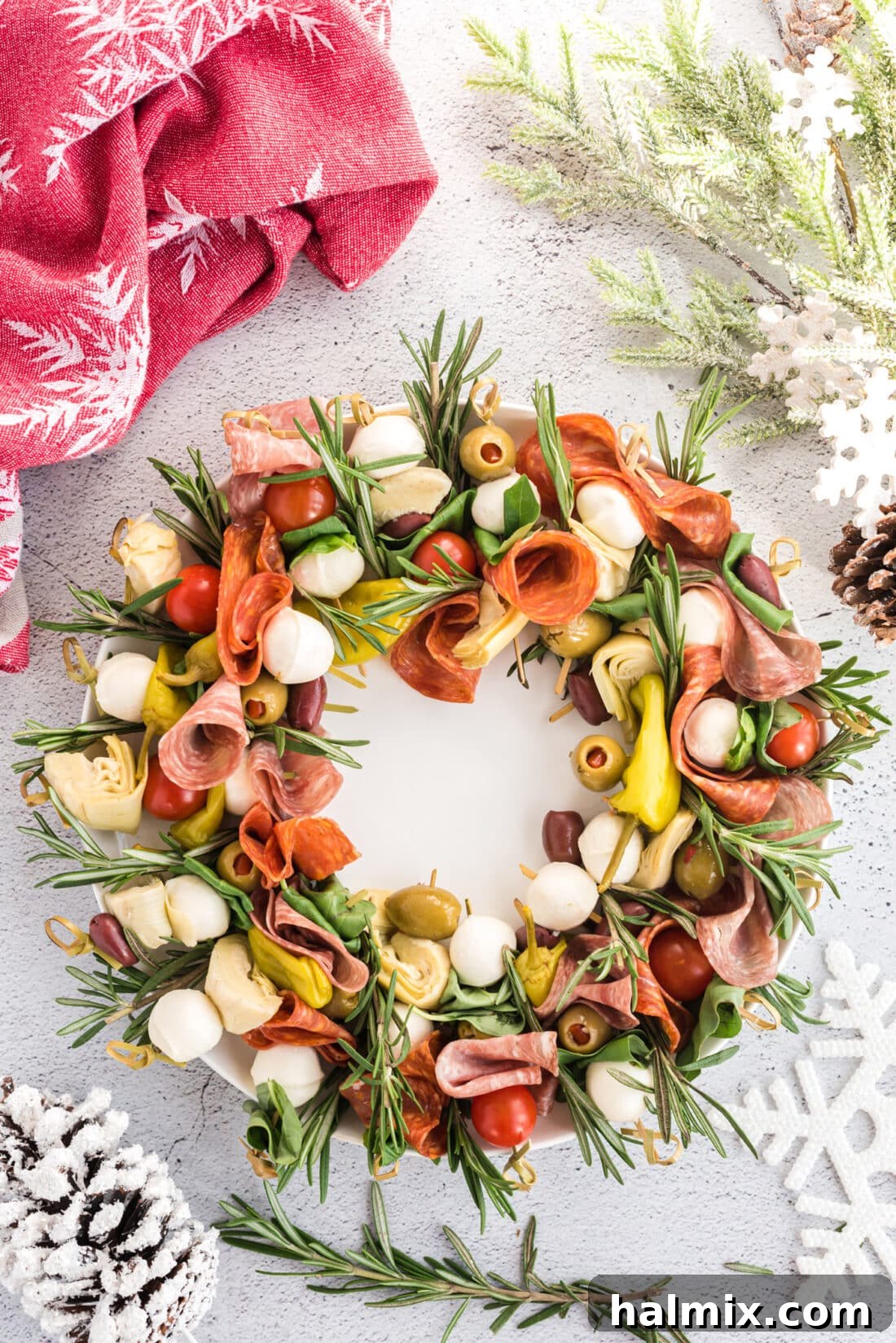 Overhead shot of a full Antipasto Wreath with rosemary