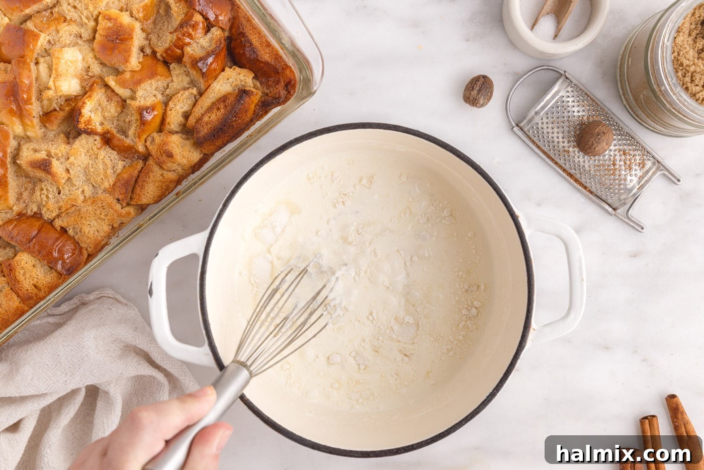 Decadent Bread Pudding Delight 11 heavy cream, sugar, and flour in a saucepan whisked